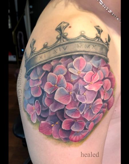 Tattoos - Realistic color hydrangea and crown tattoo - 143990